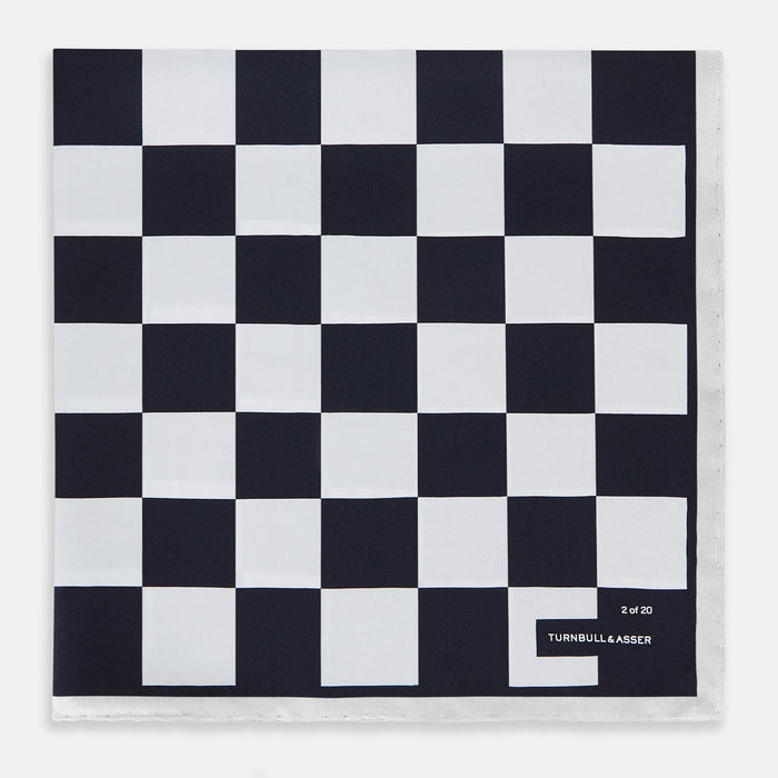 Chequered Navy on White Frame Pocket Square in Silk Image 3
