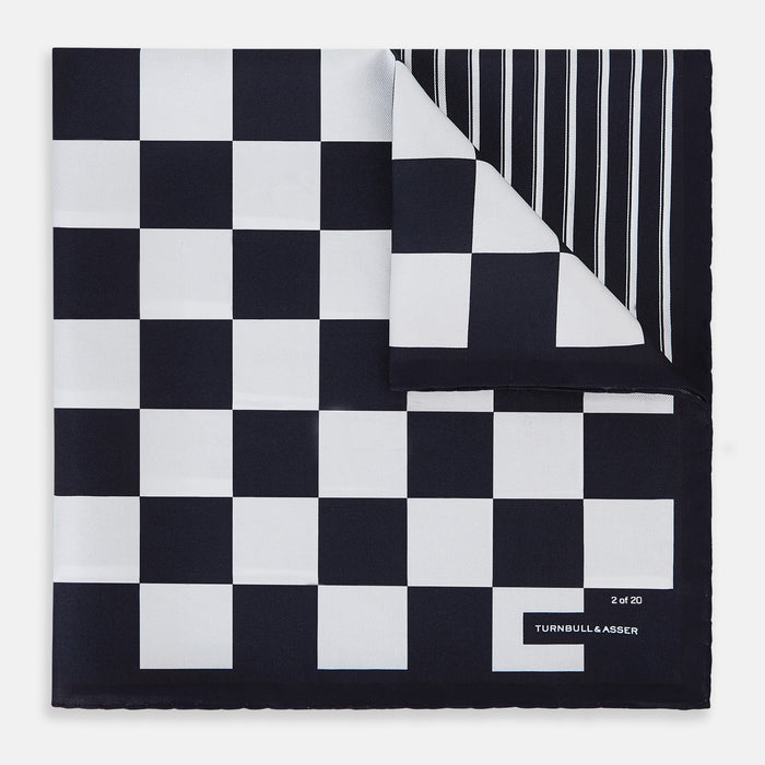 Chequered Navy on Navy Frame Pocket Square in Silk Image 4