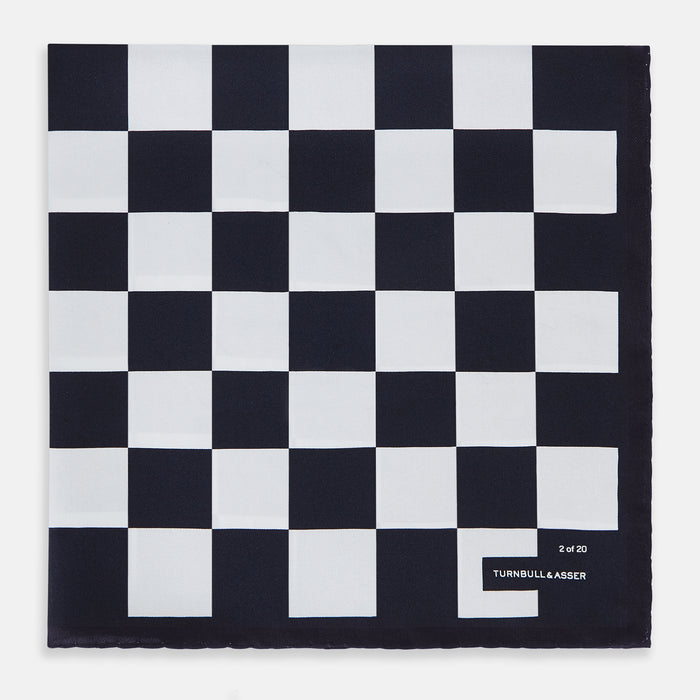 Chequered Navy on Navy Frame Pocket Square in Silk Image 2