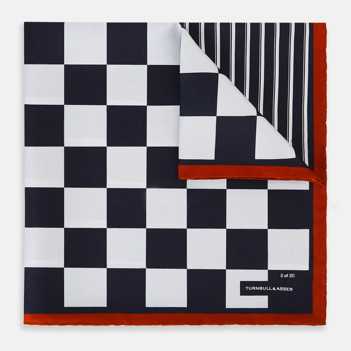 Chequered Navy on Red Frame Pocket Square in Silk Image 4