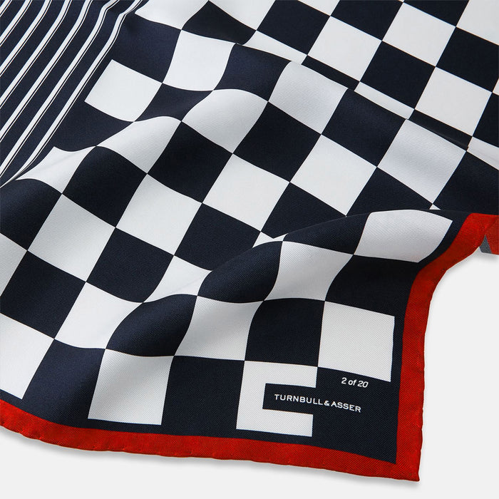 Chequered Navy on Red Frame Pocket Square in Silk Image 1