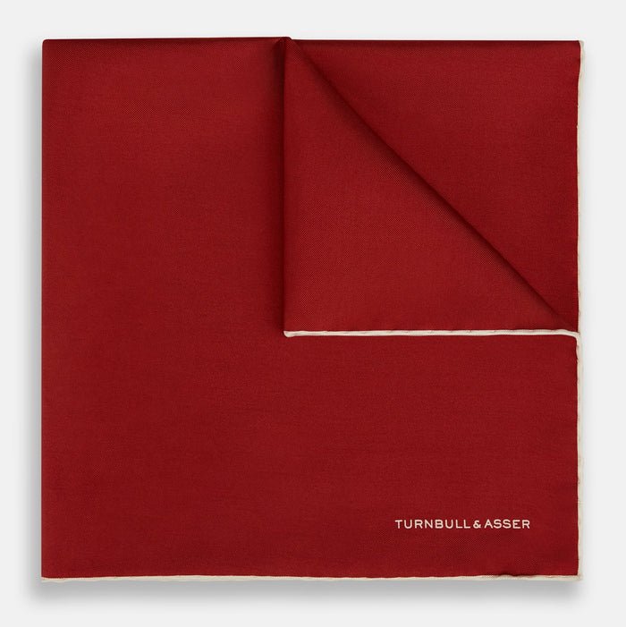 BURGUNDY AND ECRU PIPED SILK POCKET SQUARE