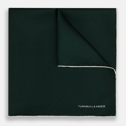 DARK GREEN AND ECRU PIPED SILK POCKET SQUARE