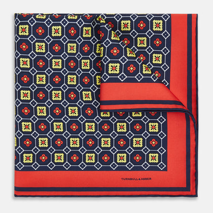 Dark Navy Floral Tile Silk Pocket Square