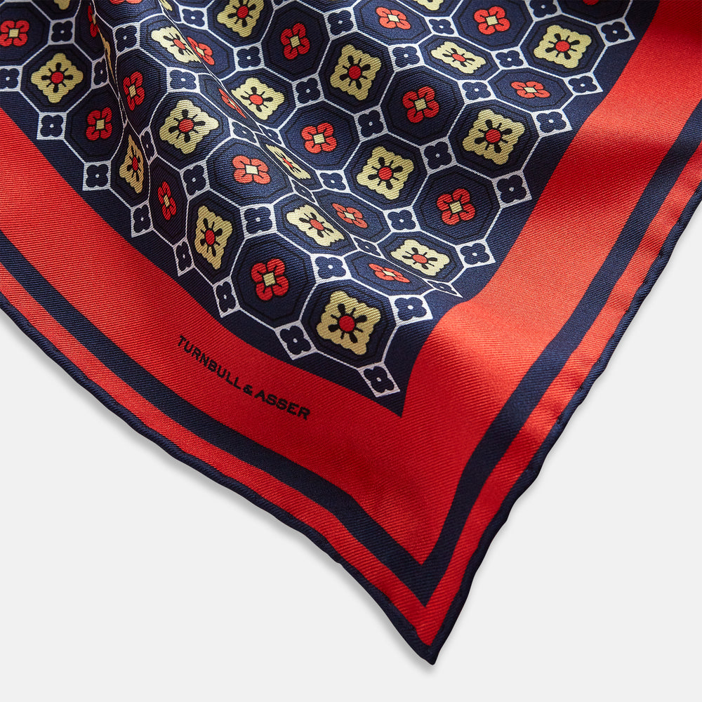 Dark Navy Floral Tile Silk Pocket Square OS