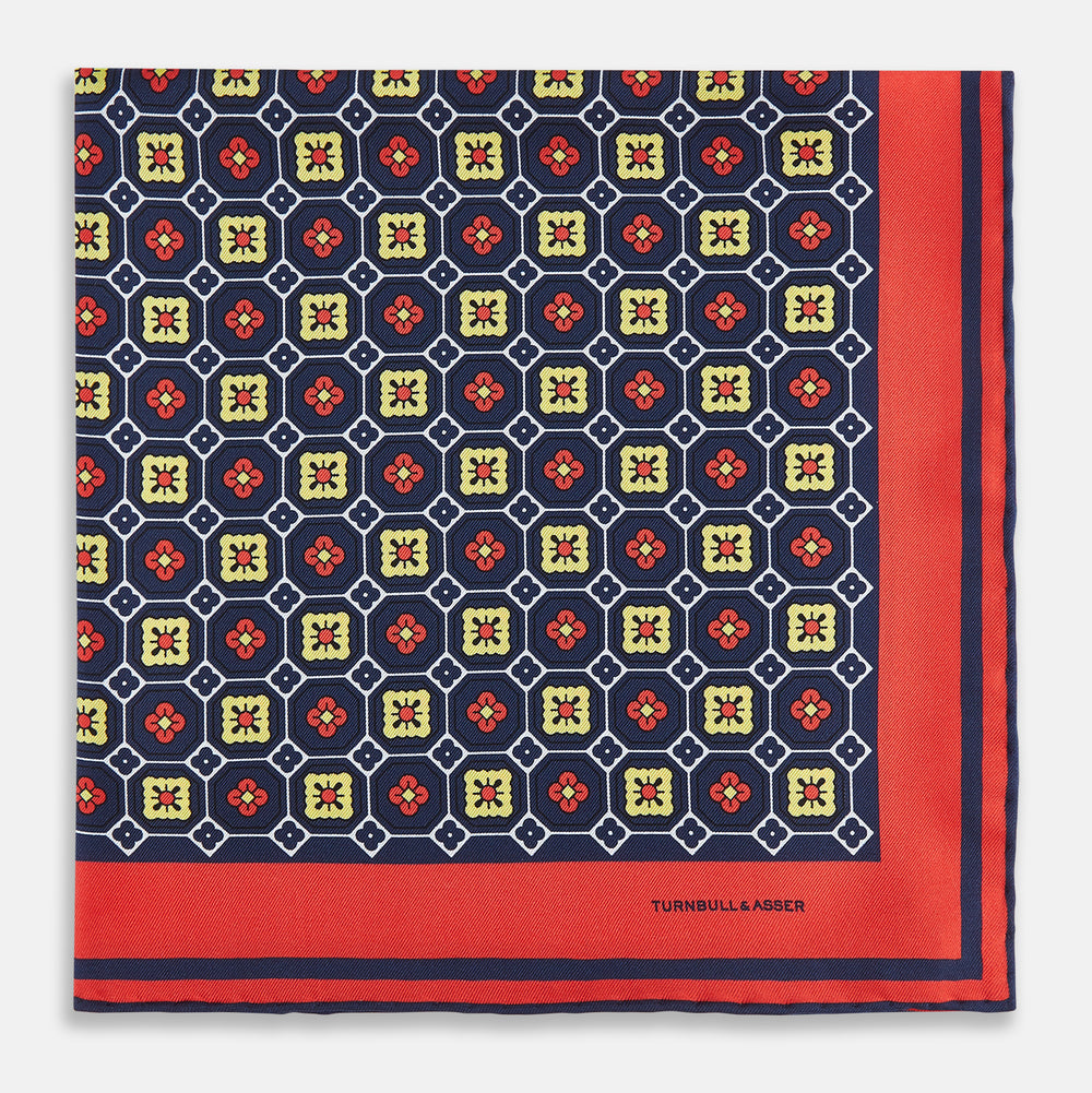 Dark Navy Floral Tile Silk Pocket Square OS