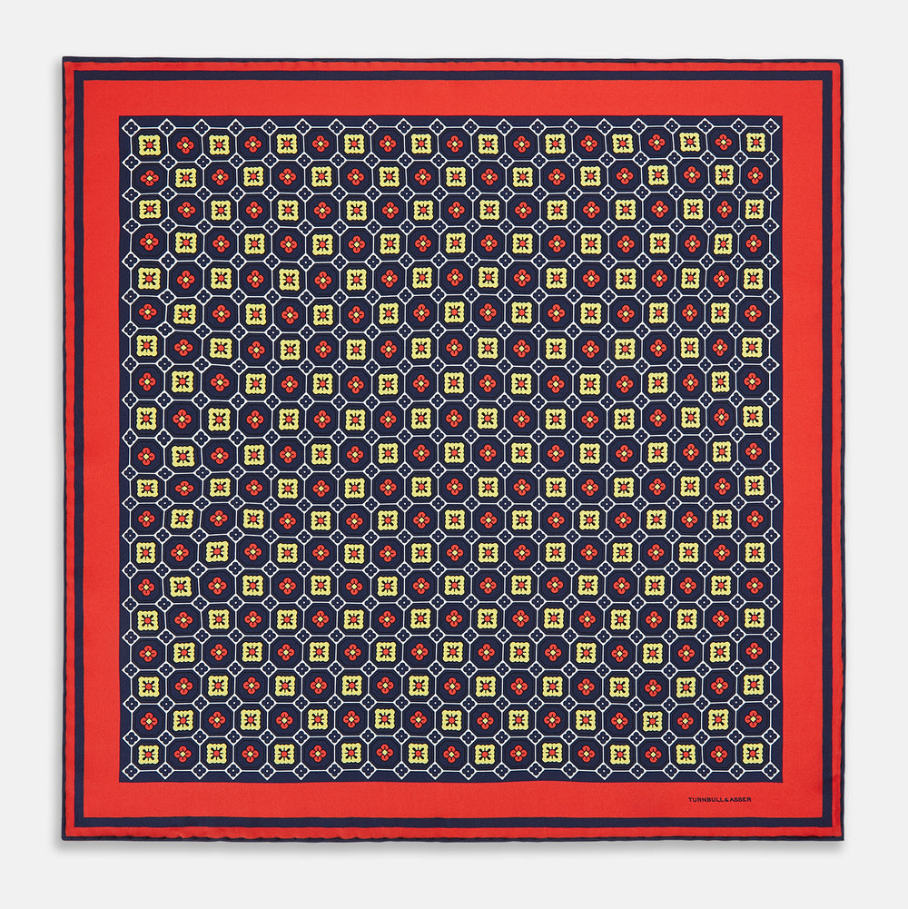 Dark Navy Floral Tile Silk Pocket Square OS