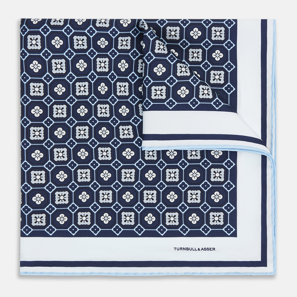 Navy Floral Tile Silk Pocket Square OS