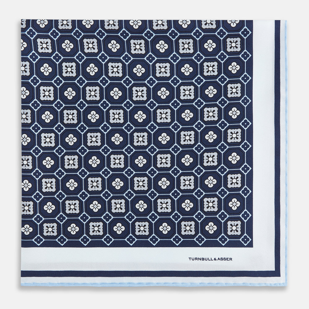 Navy Floral Tile Silk Pocket Square OS