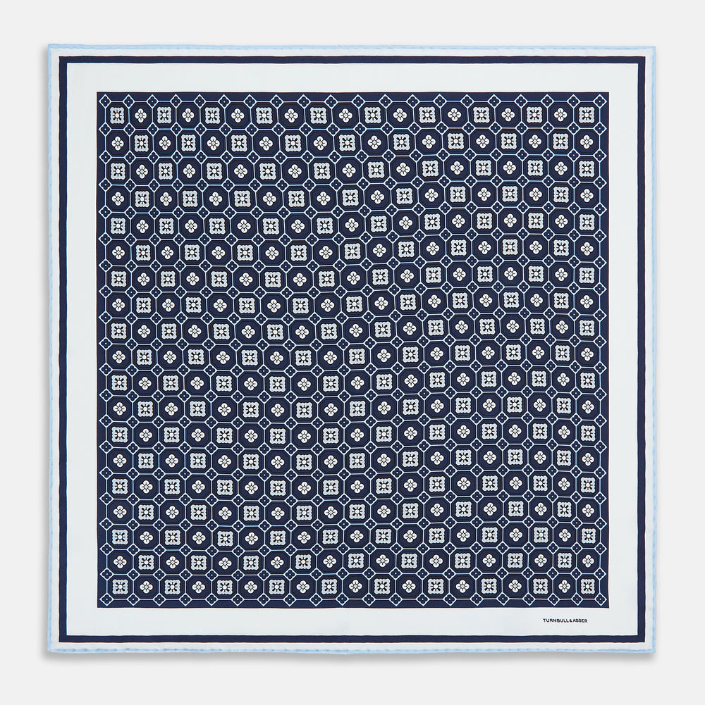 Navy Floral Tile Silk Pocket Square OS