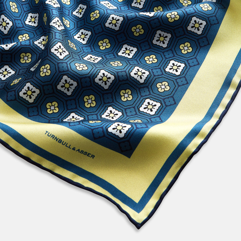 Azzurro Floral Tile Silk Pocket Square OS