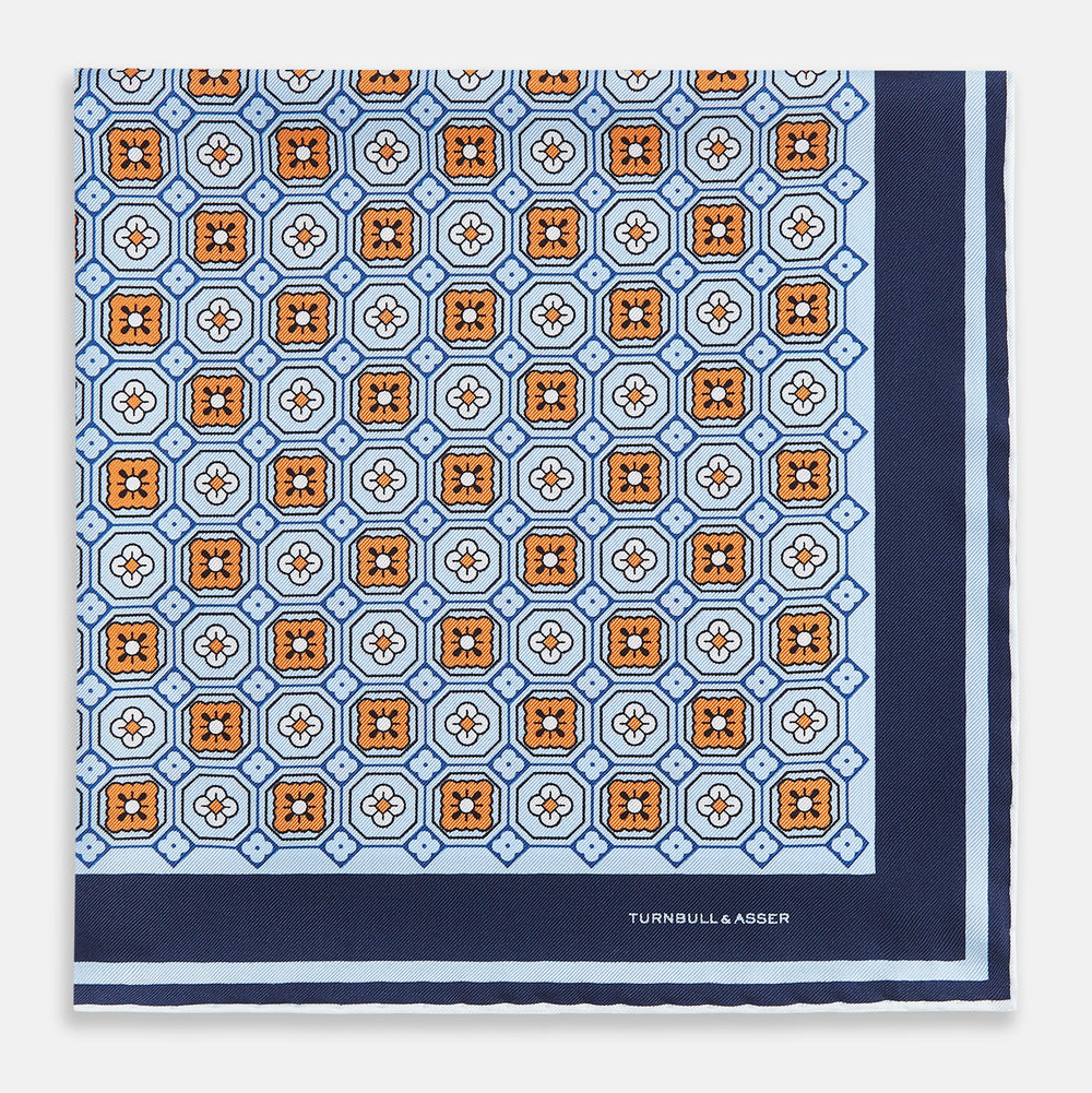 Blue Floral Tile Silk Pocket Square OS