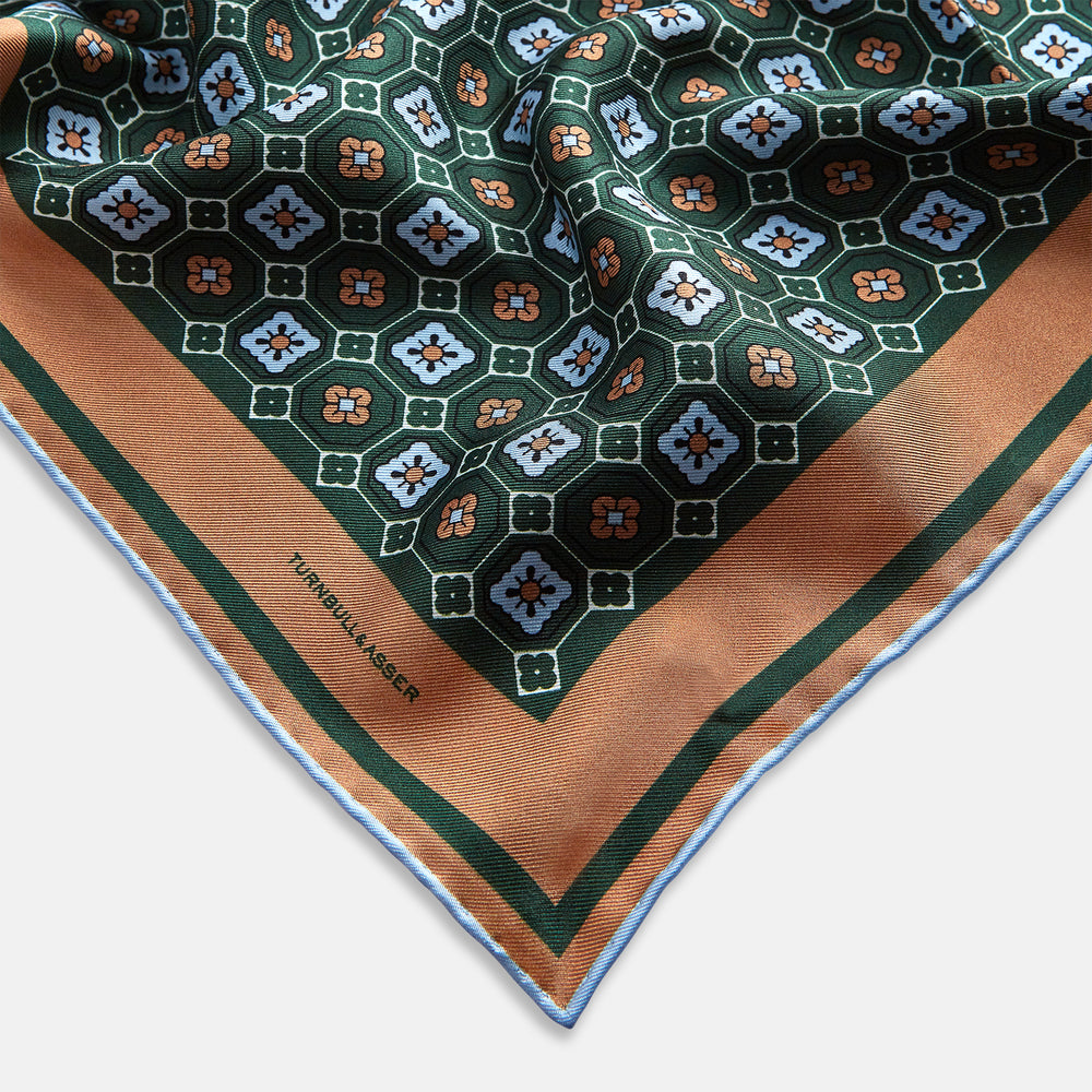 Forest Green Floral Tile Silk Pocket Square OS