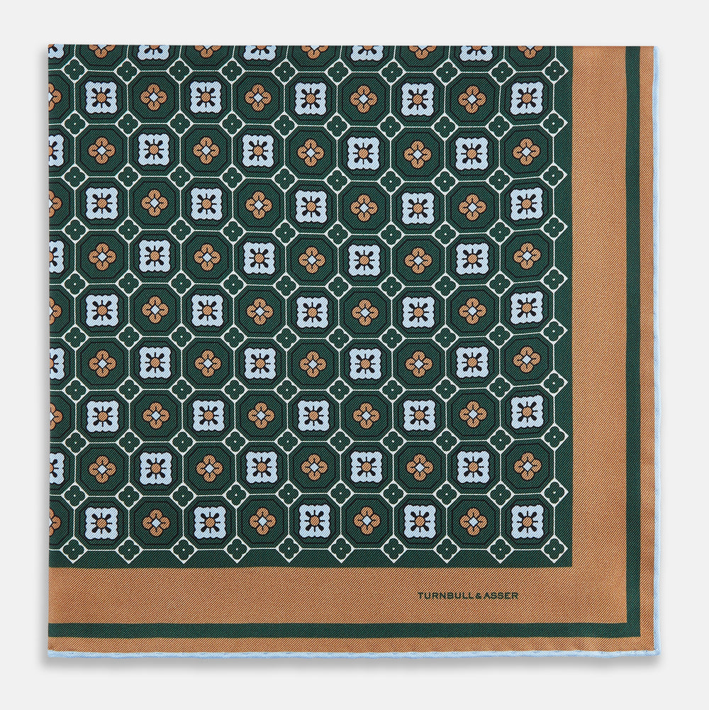 Forest Green Floral Tile Silk Pocket Square OS