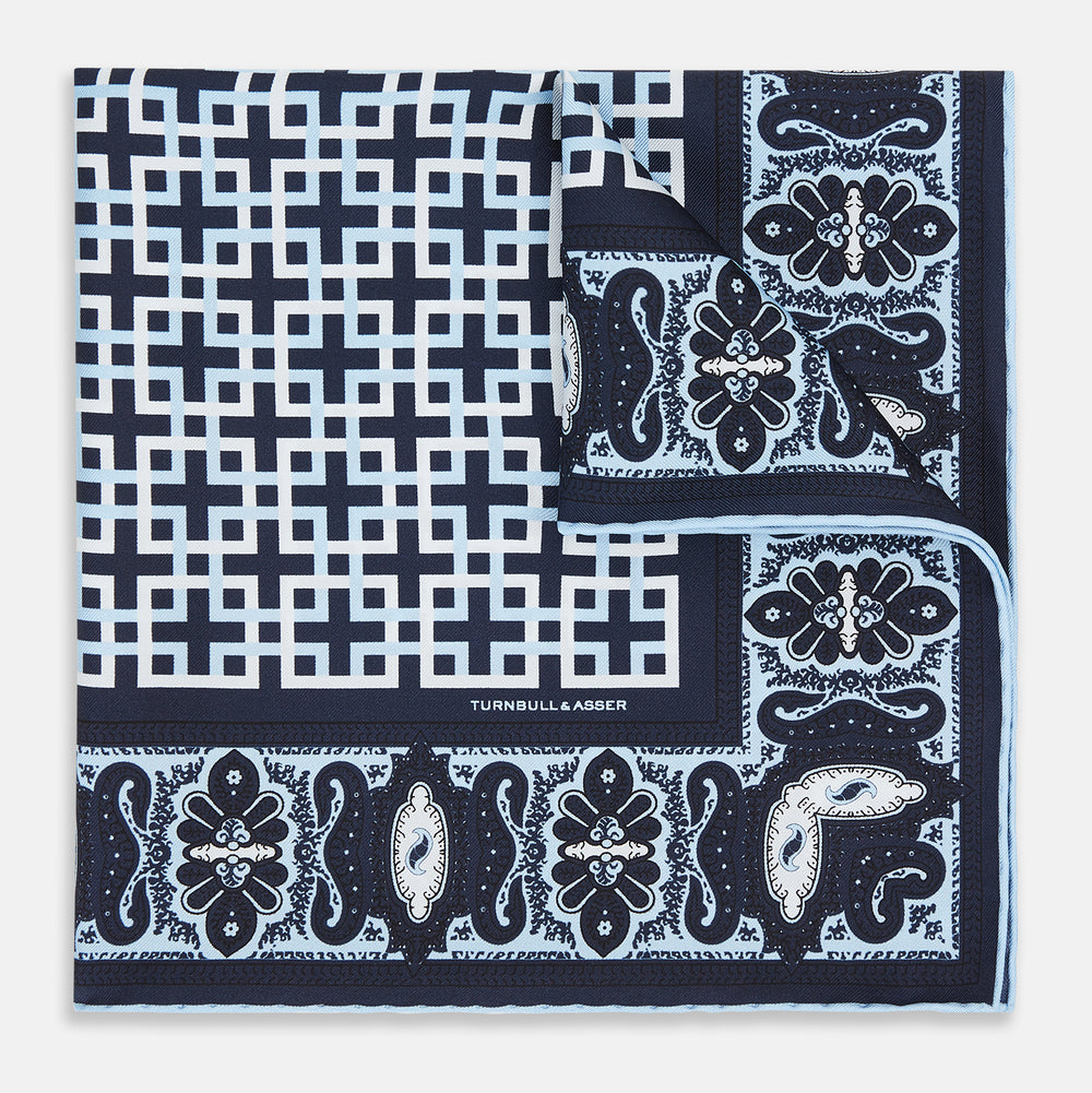 Navy Square-Patterned and Paisley Patterned Silk Pocket Square OS