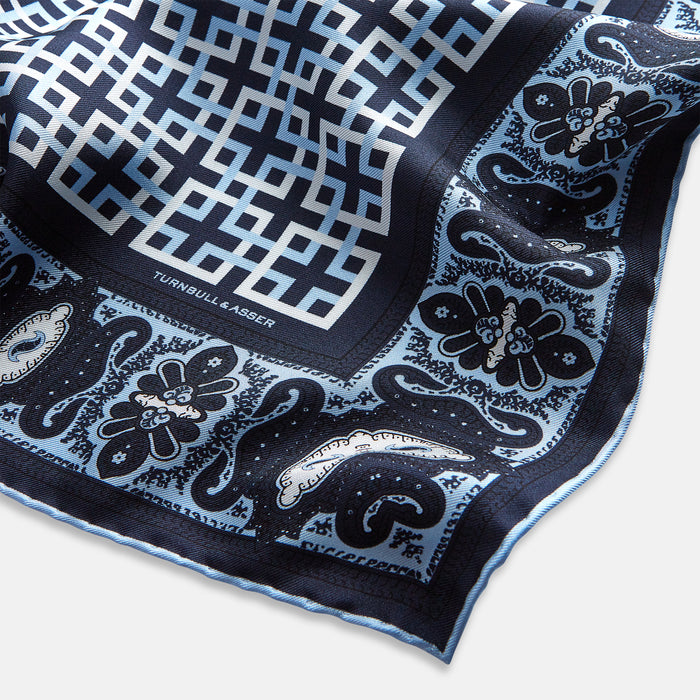 Navy Square-Patterned and Paisley Patterned Silk Pocket Square Image 1