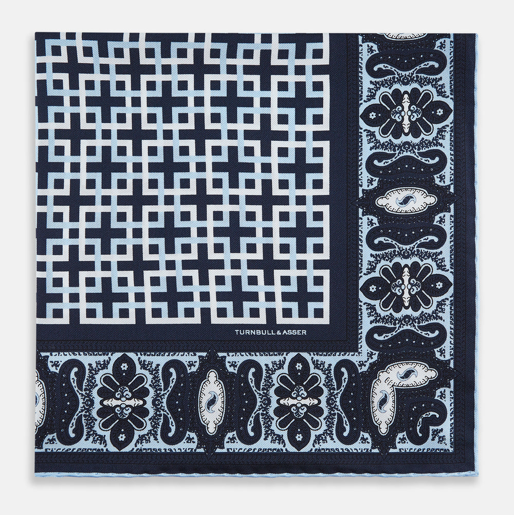 Navy Square-Patterned and Paisley Patterned Silk Pocket Square OS
