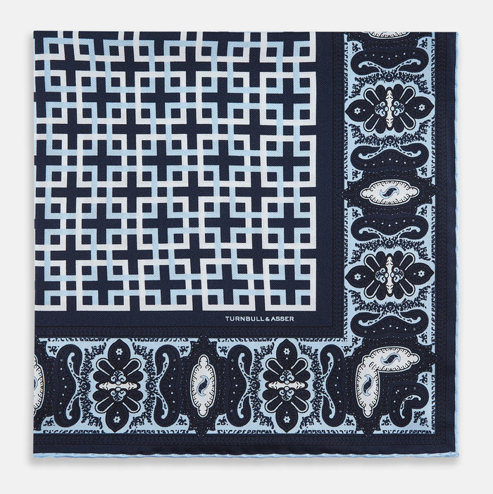 Navy Square-Patterned and Paisley Patterned Silk Pocket Square Image 2