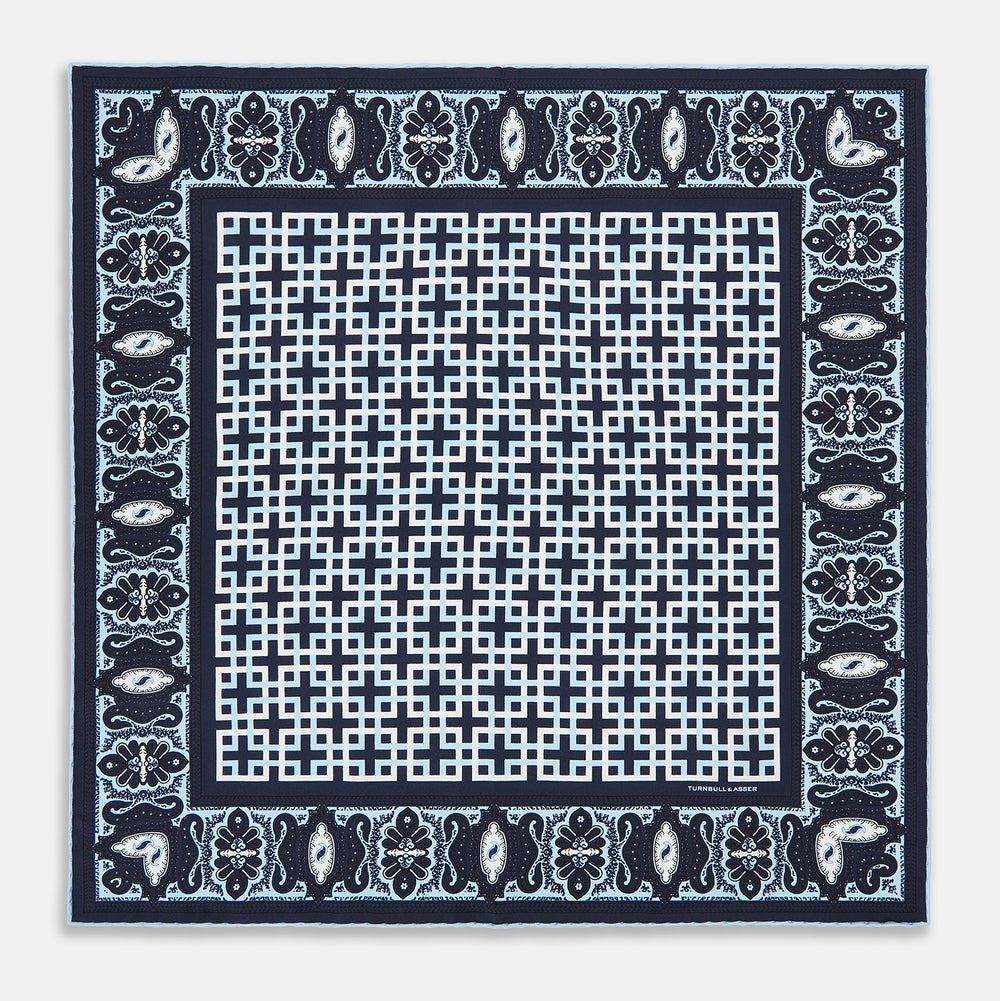Navy Square-Patterned and Paisley Patterned Silk Pocket Square OS