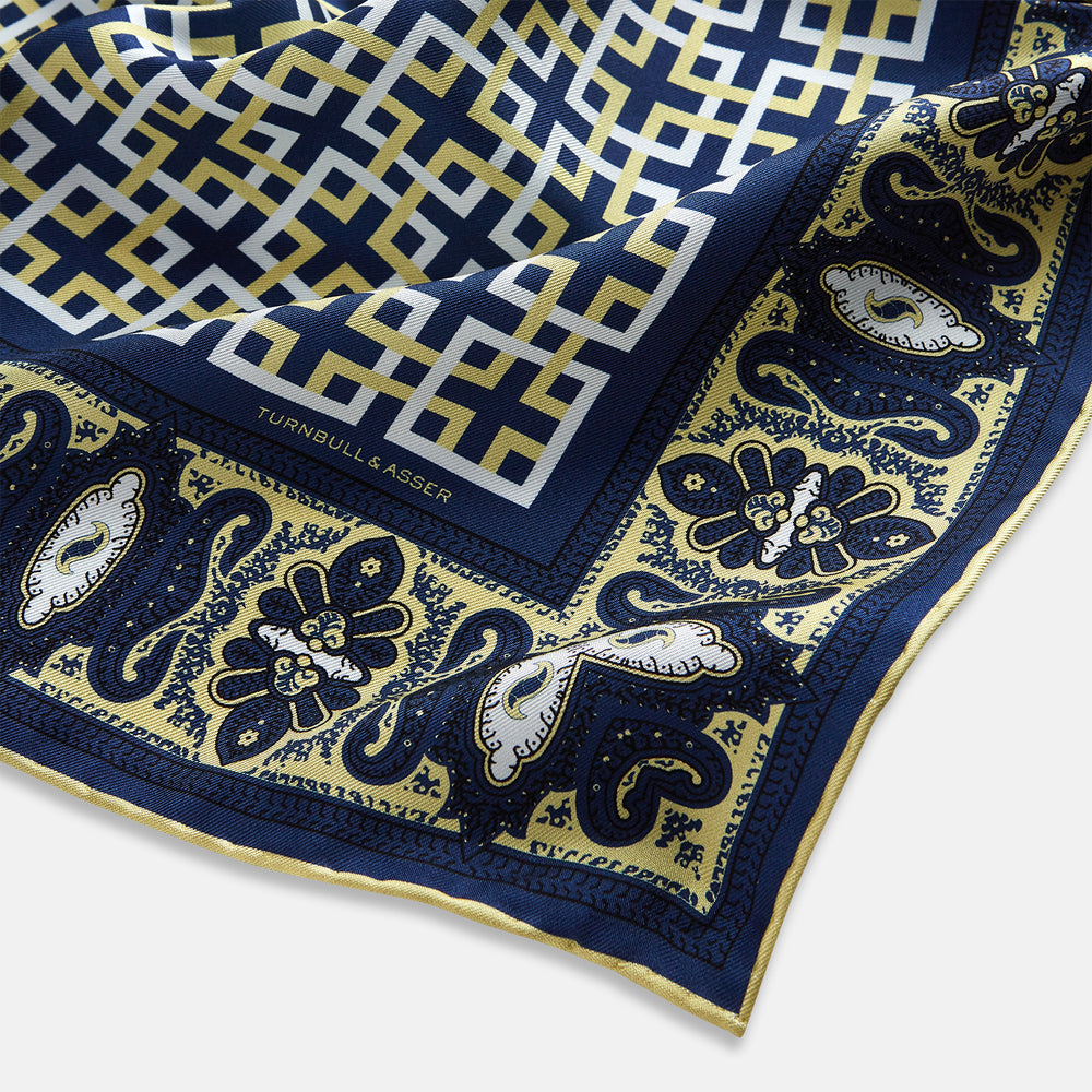 Azzurro Square-Patterned and Paisley Patterned Silk Pocket Square OS