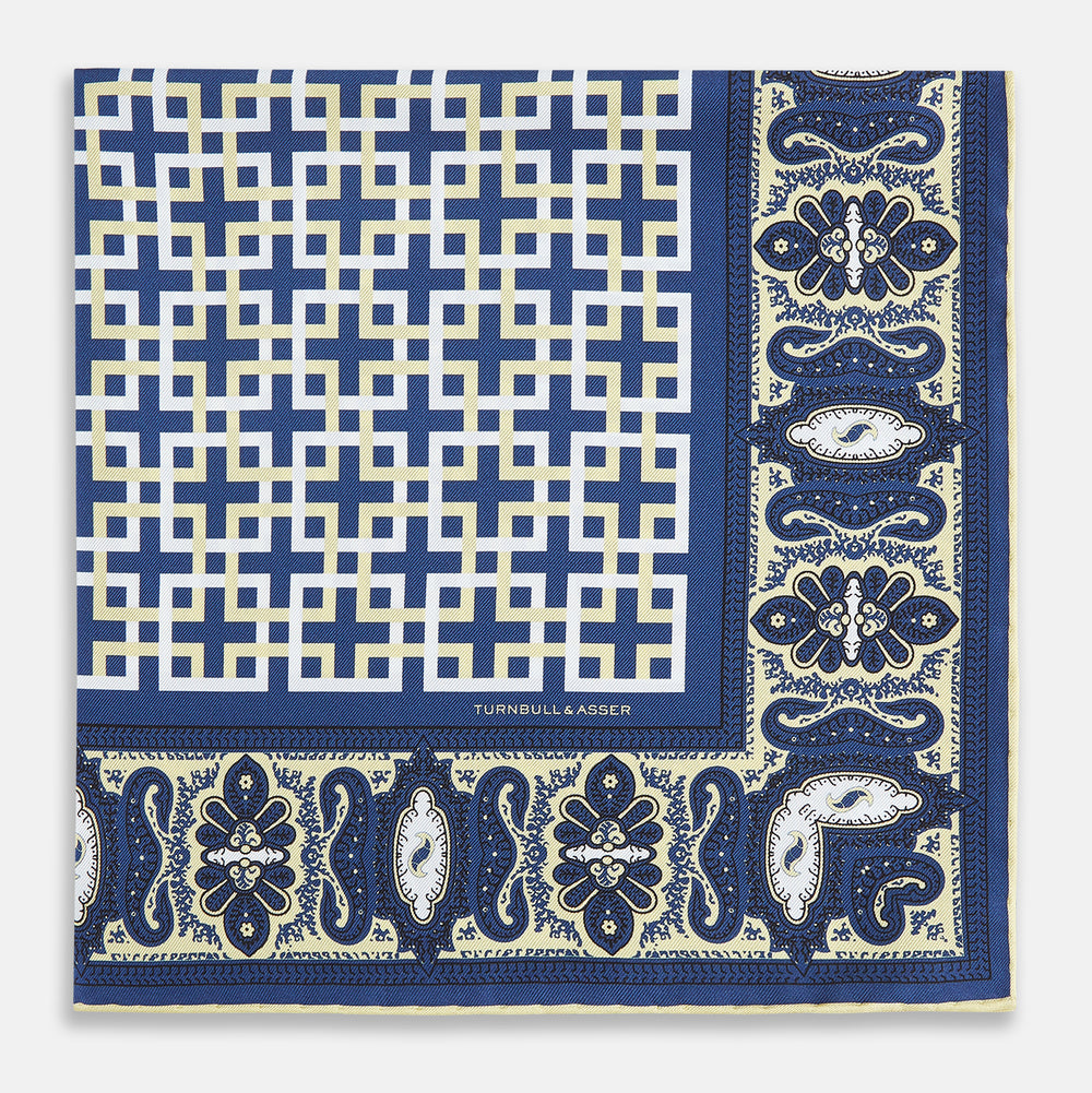 Azzurro Square-Patterned and Paisley Patterned Silk Pocket Square OS