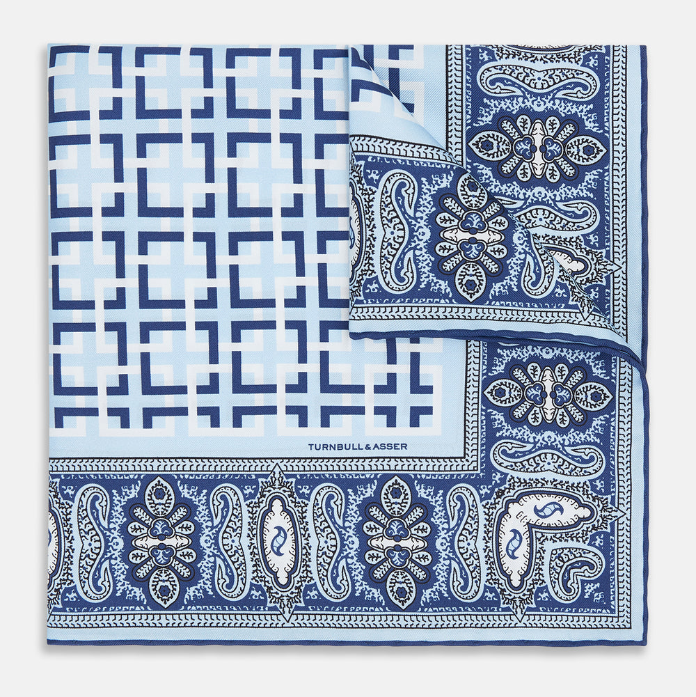 Blue Square-Patterned and Paisley Patterned Silk Pocket Square OS