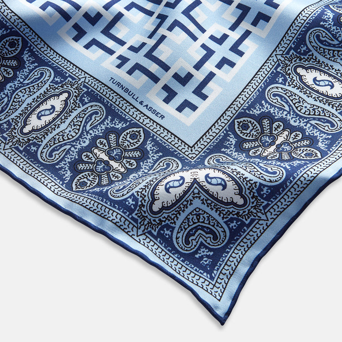 Blue Square-Patterned and Paisley Patterned Silk Pocket Square Image 1