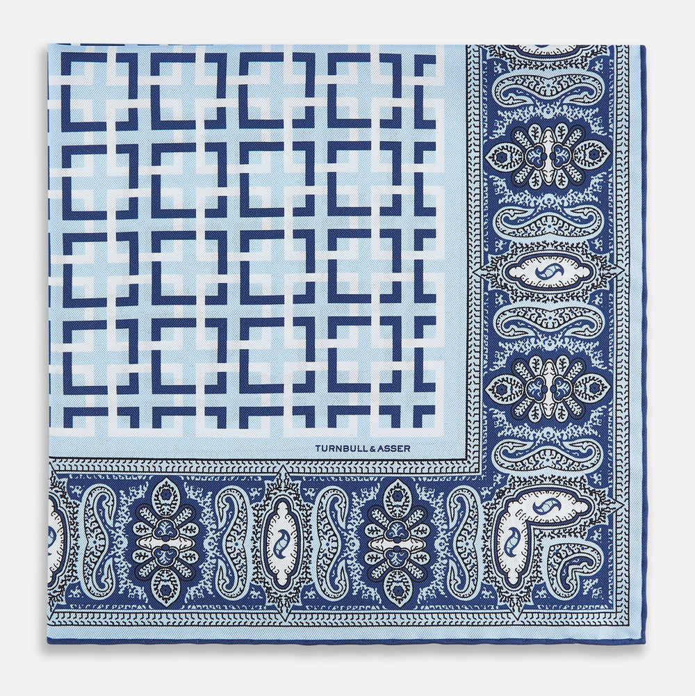Blue Square-Patterned and Paisley Patterned Silk Pocket Square OS