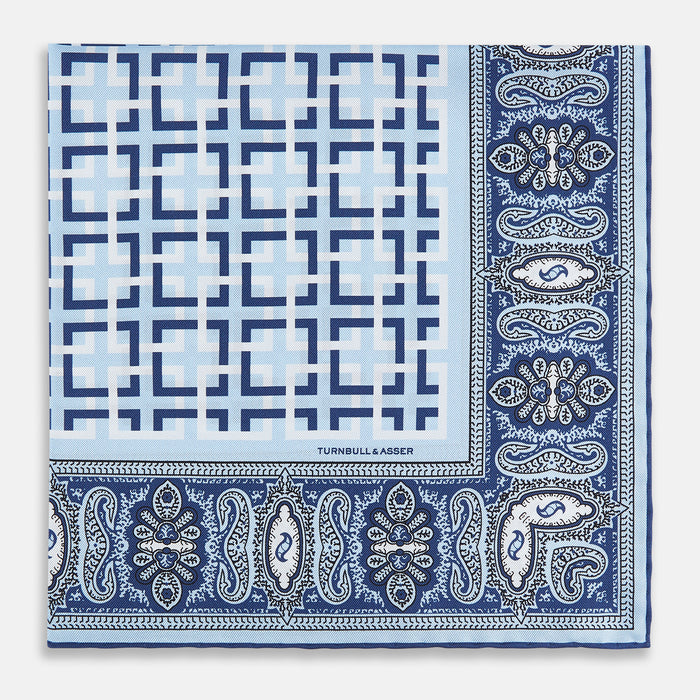 Blue Square-Patterned and Paisley Patterned Silk Pocket Square Image 2