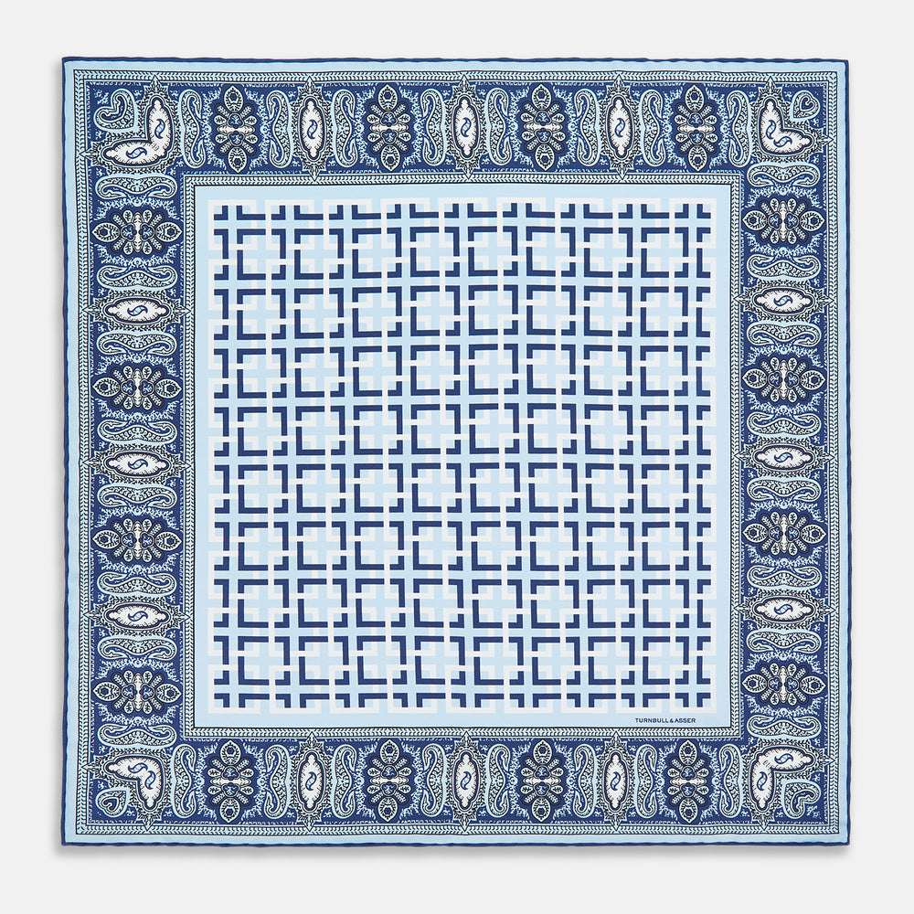 Blue Square-Patterned and Paisley Patterned Silk Pocket Square OS