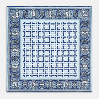 Blue Square-Patterned and Paisley Patterned Silk Pocket Square Image 3