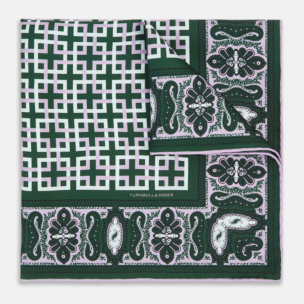 Forest Green Square-Patterned and Paisley Patterned Silk Pocket Square OS