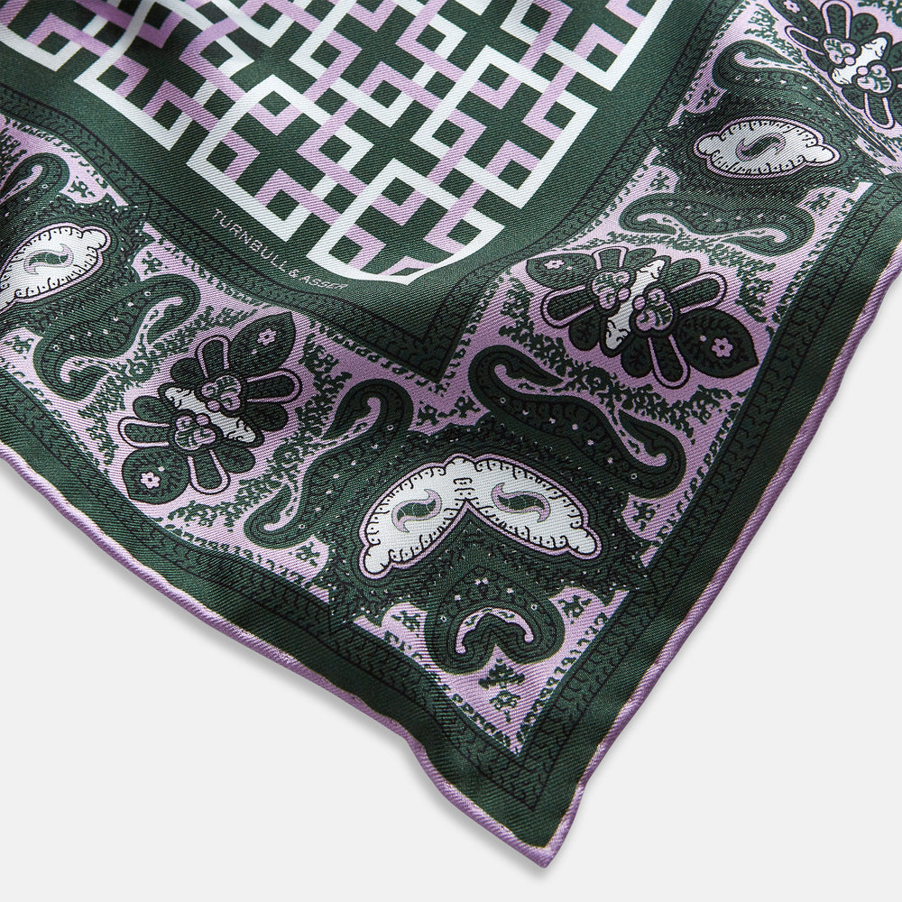 Forest Green Square-Patterned and Paisley Patterned Silk Pocket Square OS