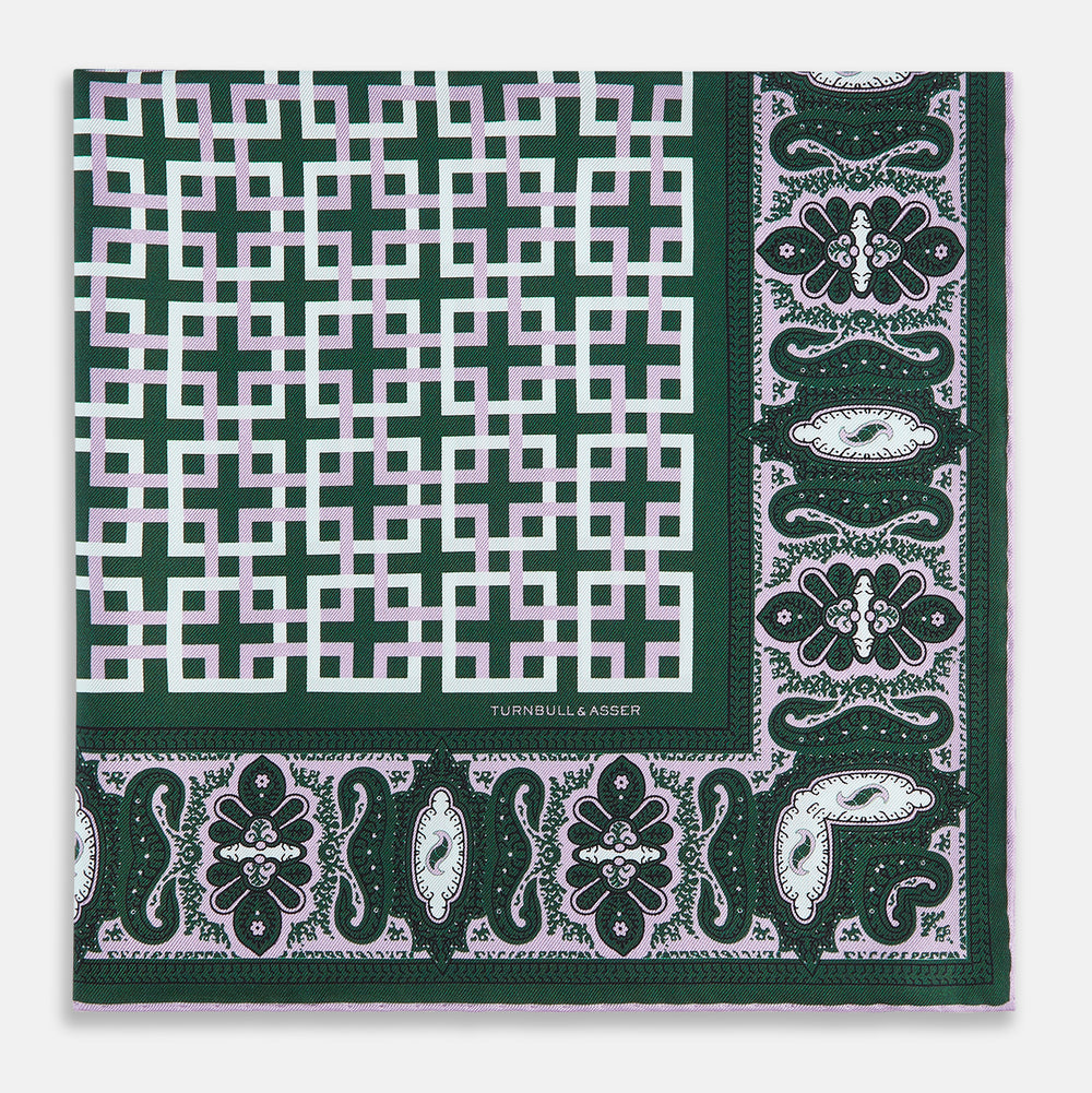 Forest Green Square-Patterned and Paisley Patterned Silk Pocket Square OS