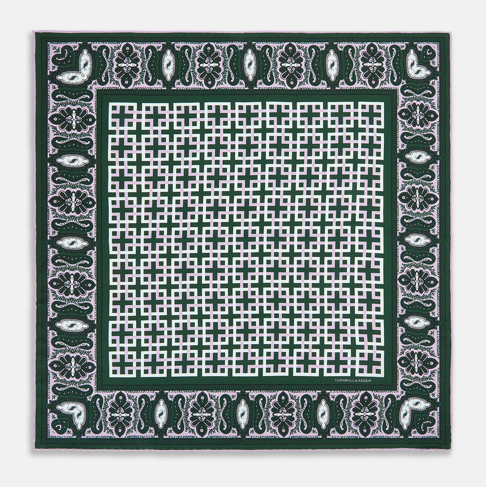Forest Green Square-Patterned and Paisley Patterned Silk Pocket Square OS