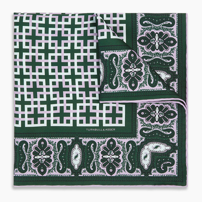Forest Green Square-Patterned and Paisley Patterned Silk Pocket Square Image 4