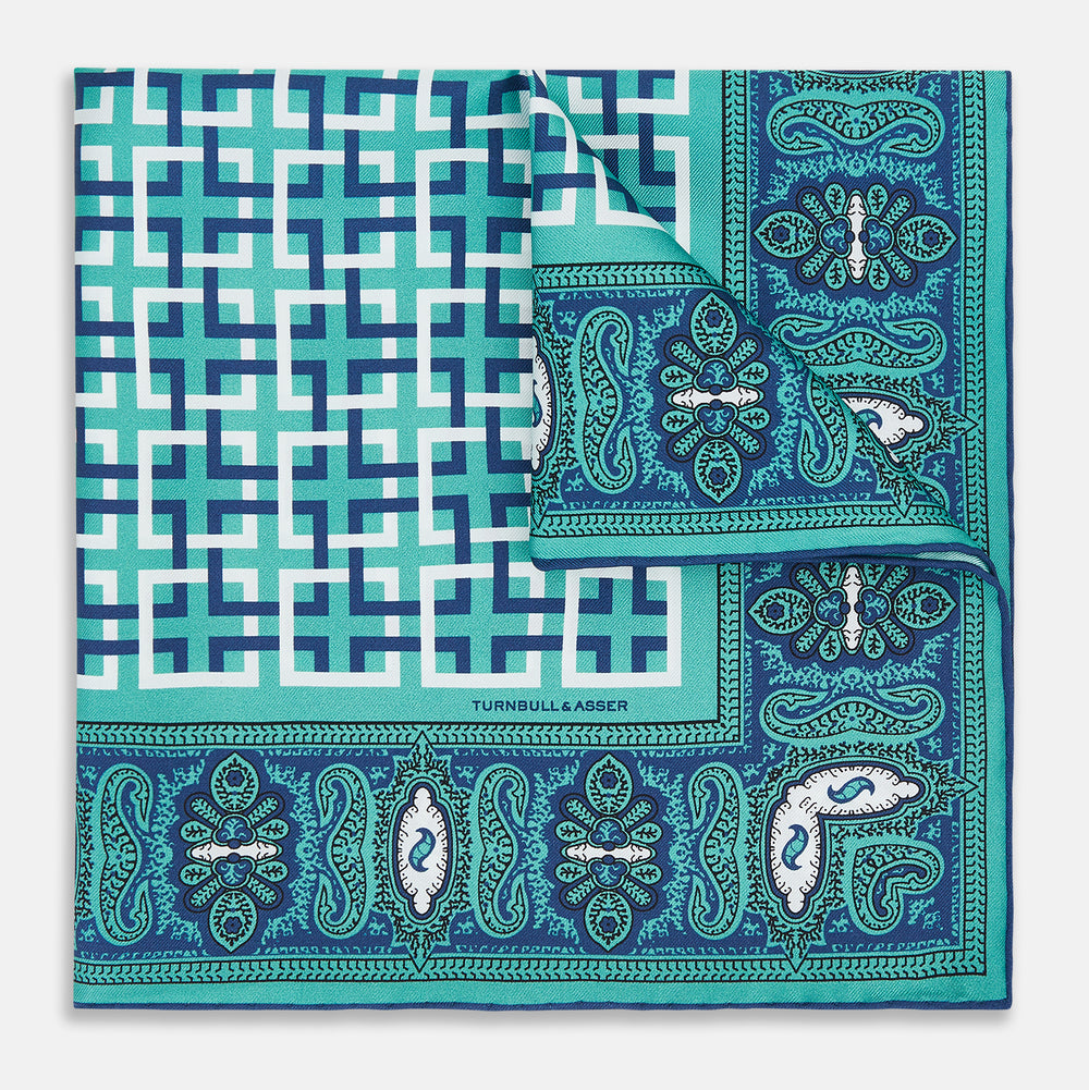 Turquoise Square-Patterned and Paisley Silk Pocket Square OS