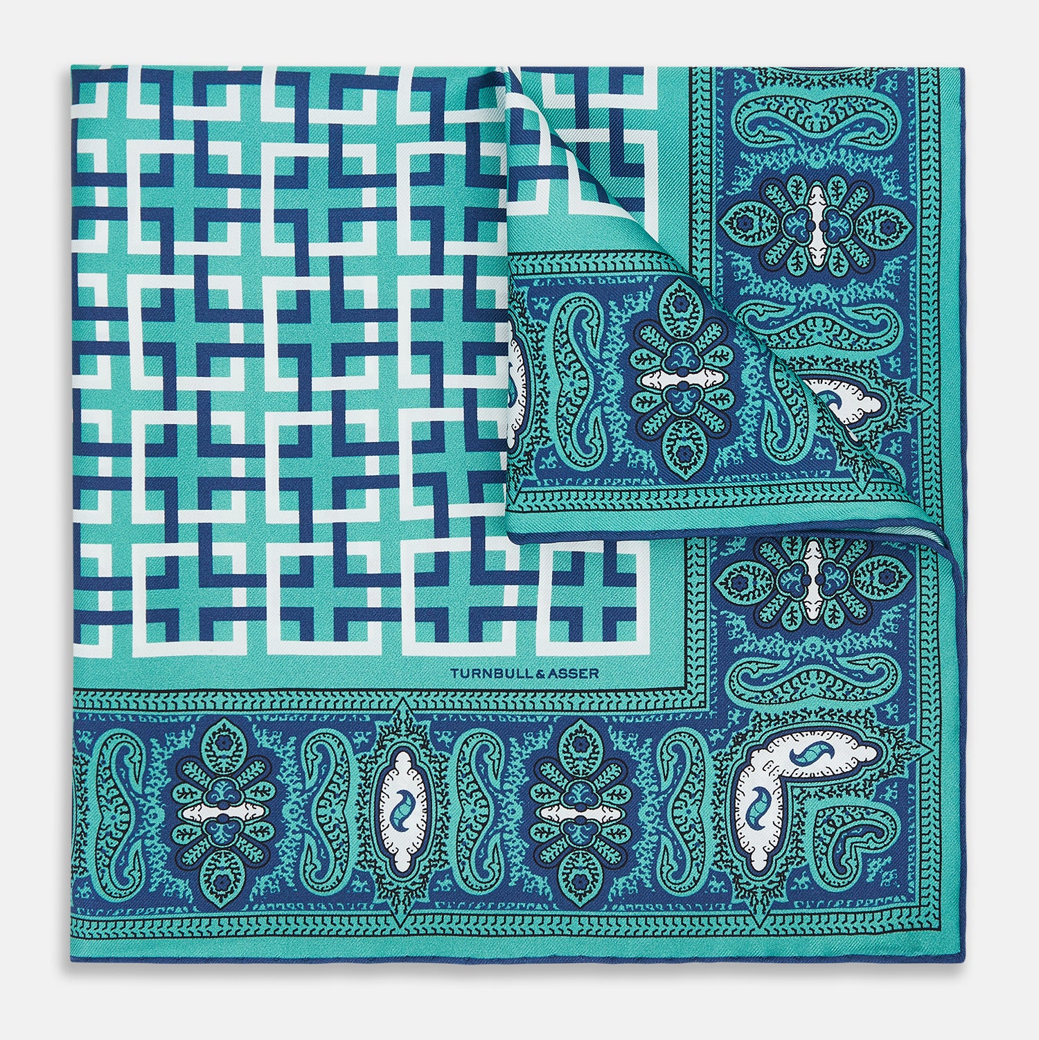 View 1 of product Turquoise Square-Patterned and Paisley Silk Pocket Square OS