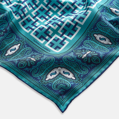 Turquoise Square-Patterned and Paisley Silk Pocket Square Image 1