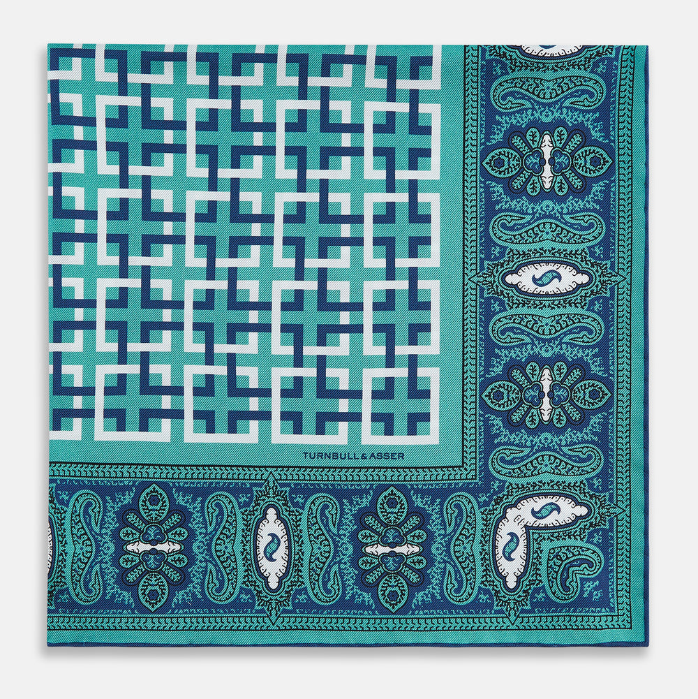 Turquoise Square-Patterned and Paisley Silk Pocket Square OS