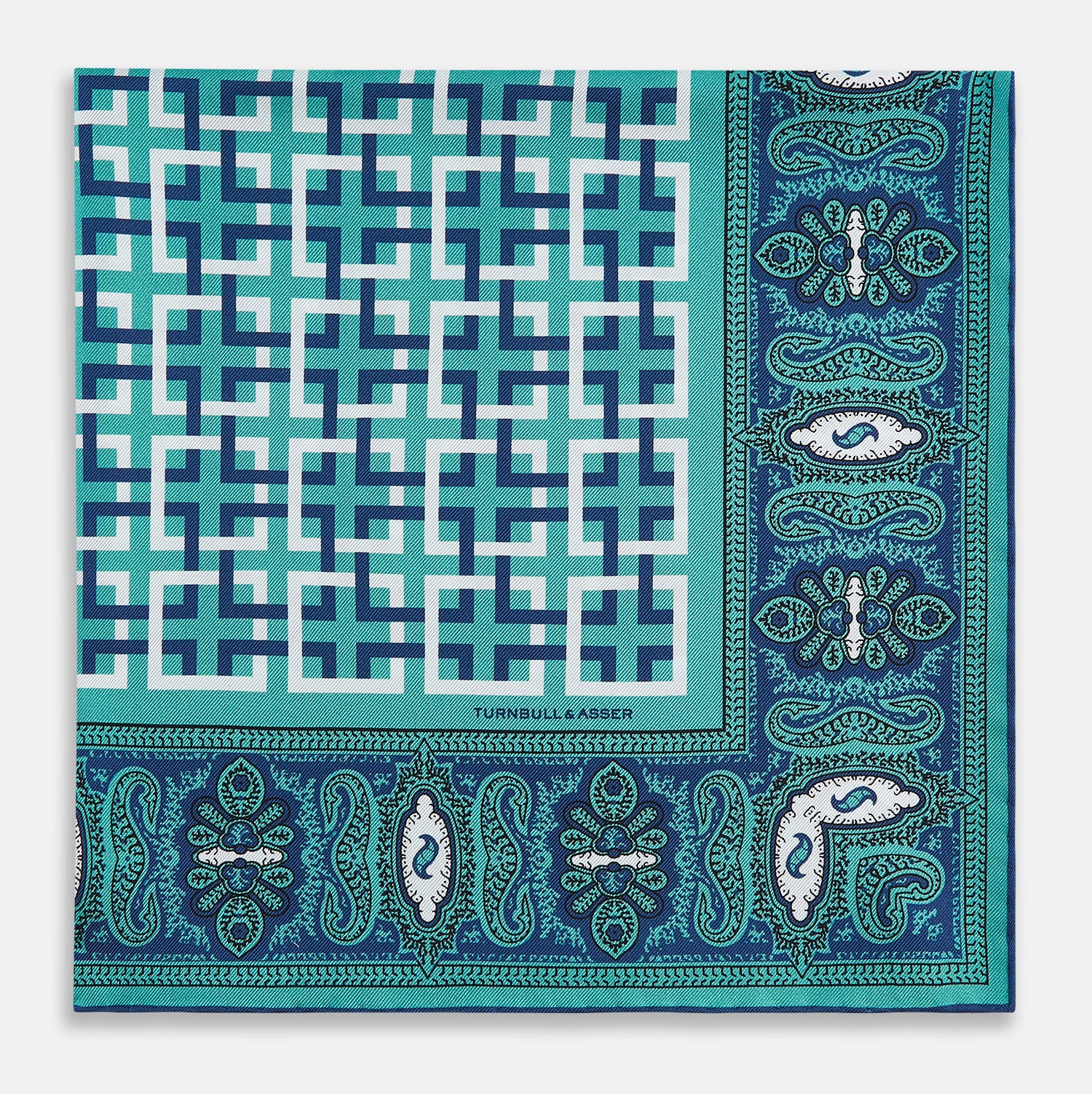 View 3 of product Turquoise Square-Patterned and Paisley Silk Pocket Square OS