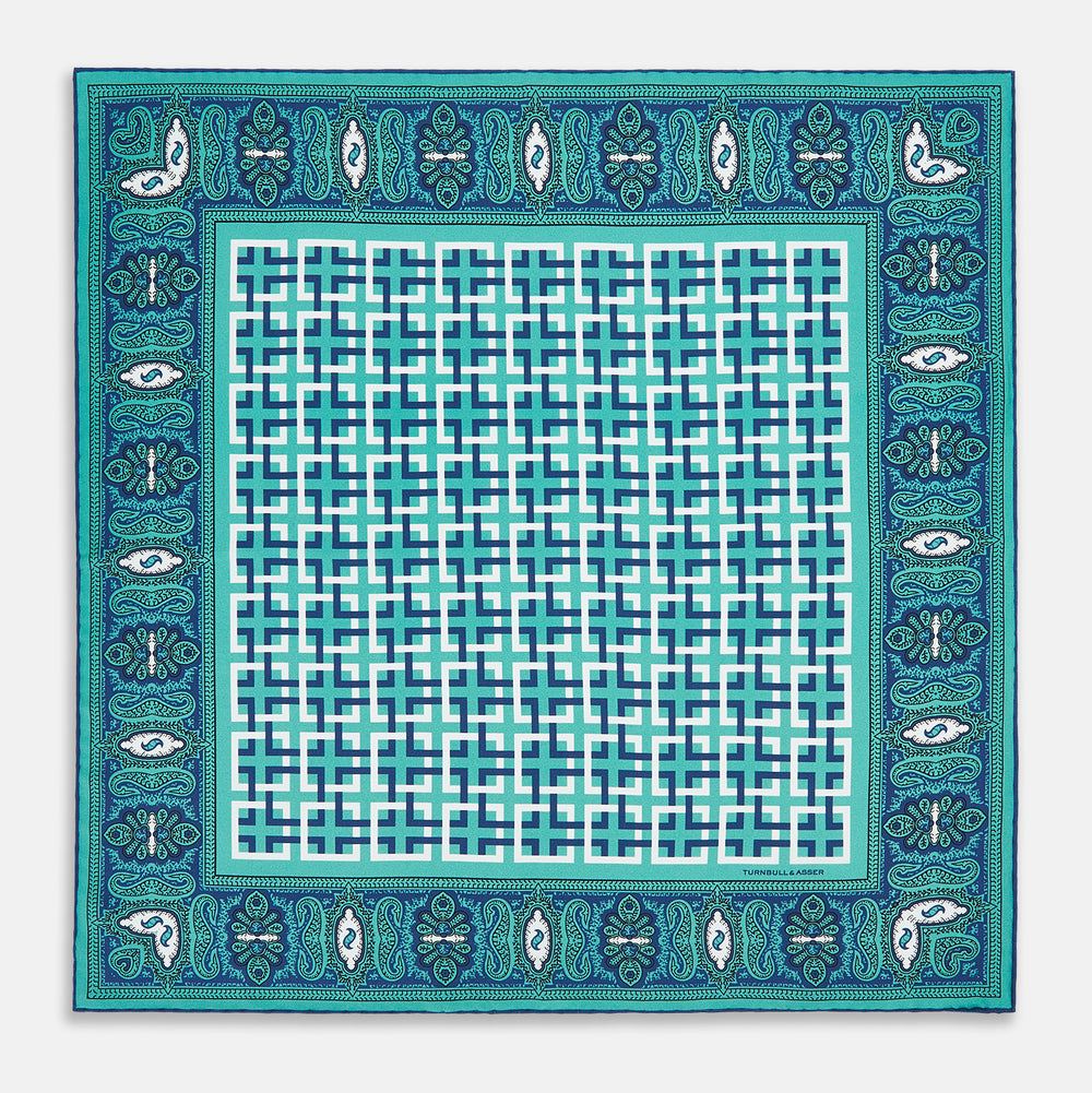 Turquoise Square-Patterned and Paisley Silk Pocket Square OS