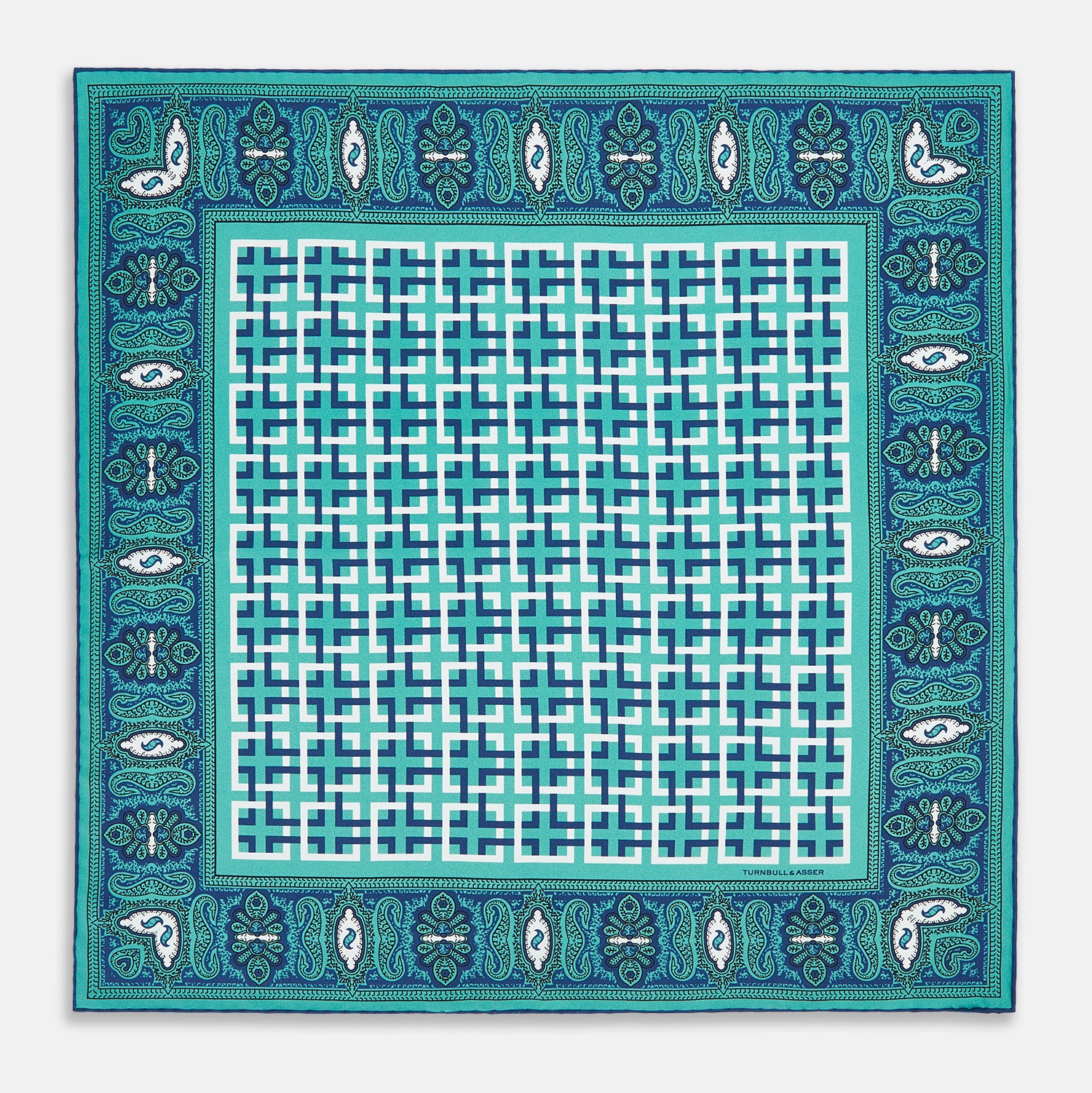 View 4 of product Turquoise Square-Patterned and Paisley Silk Pocket Square OS