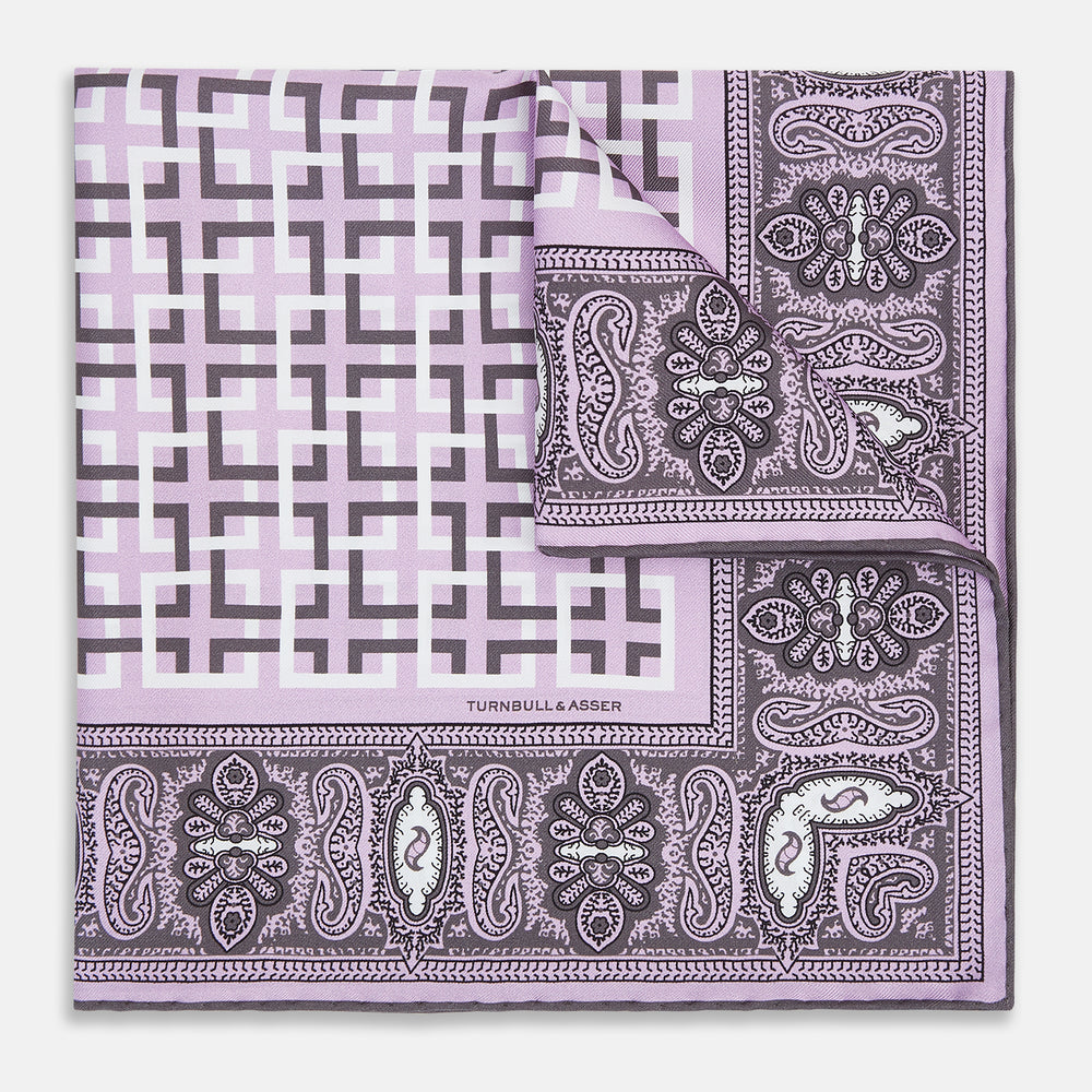Lilac Square-Patterned and Paisley Patterned Silk Pocket Square OS
