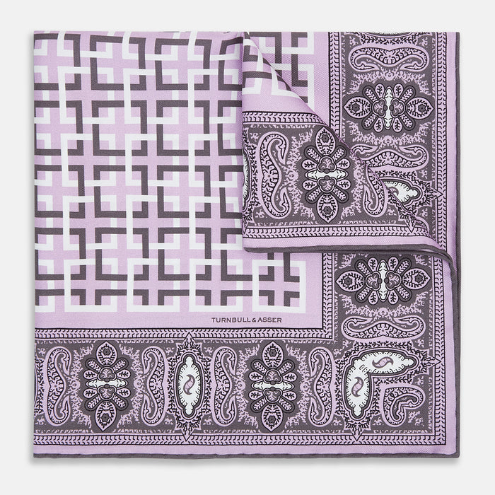 Lilac Square-Patterned and Paisley Patterned Silk Pocket Square