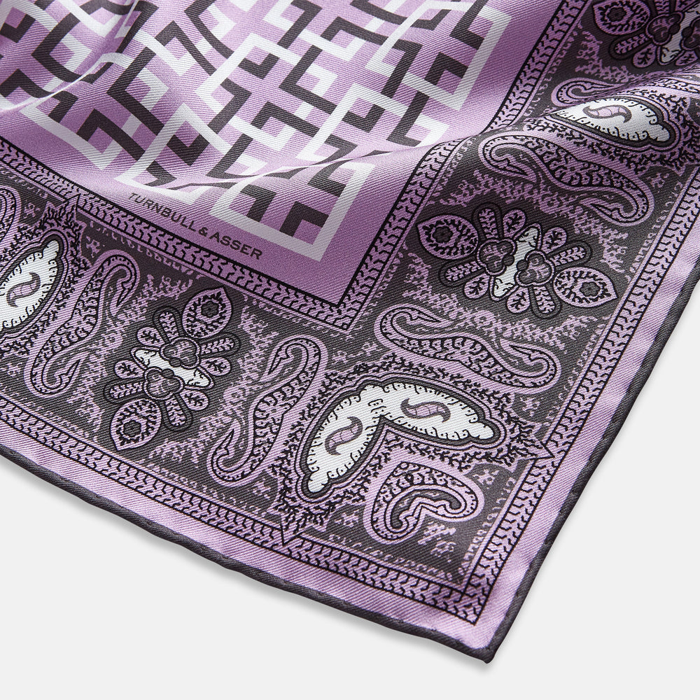 Lilac Square-Patterned and Paisley Patterned Silk Pocket Square OS