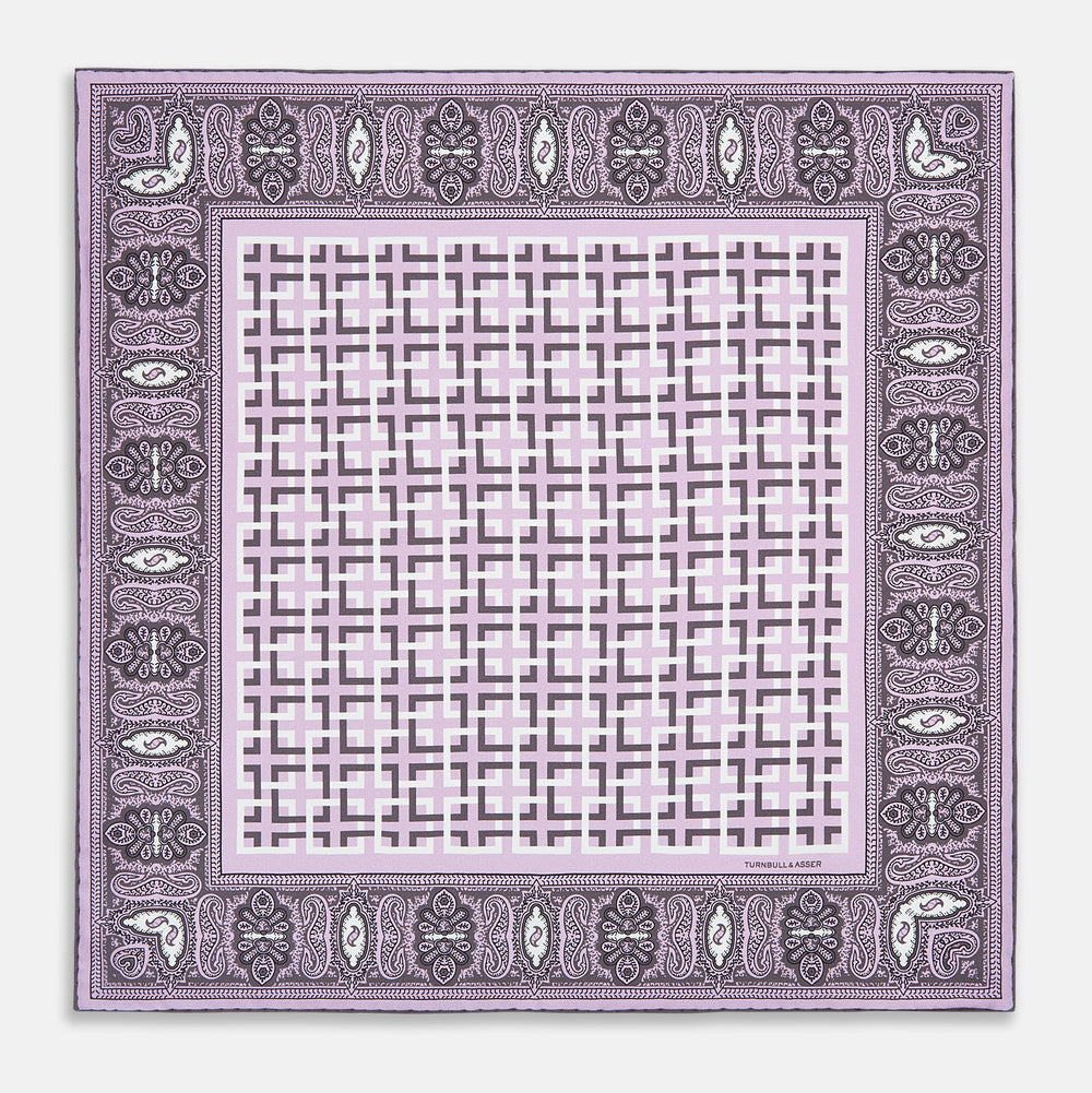 Lilac Square-Patterned and Paisley Patterned Silk Pocket Square OS