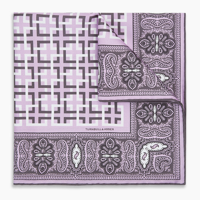 Lilac Square-Patterned and Paisley Patterned Silk Pocket Square Image 4