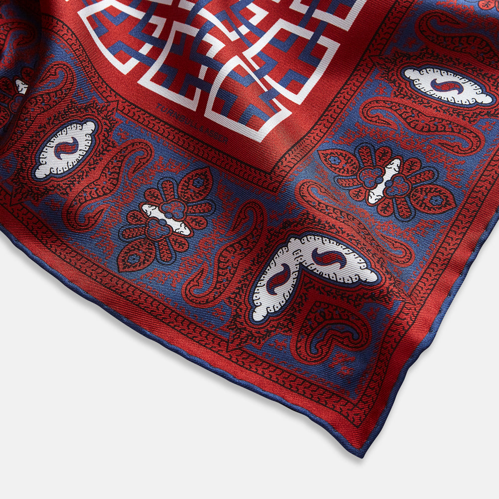 Red Square-Patterned and Paisley Patterned Silk Pocket Square OS