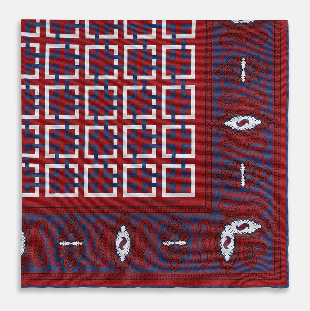 Red Square-Patterned and Paisley Patterned Silk Pocket Square OS